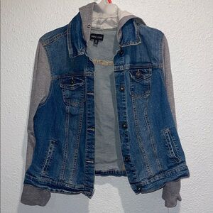 New Look Blue Denim Jacket with Gray Hoodie Sleeves
